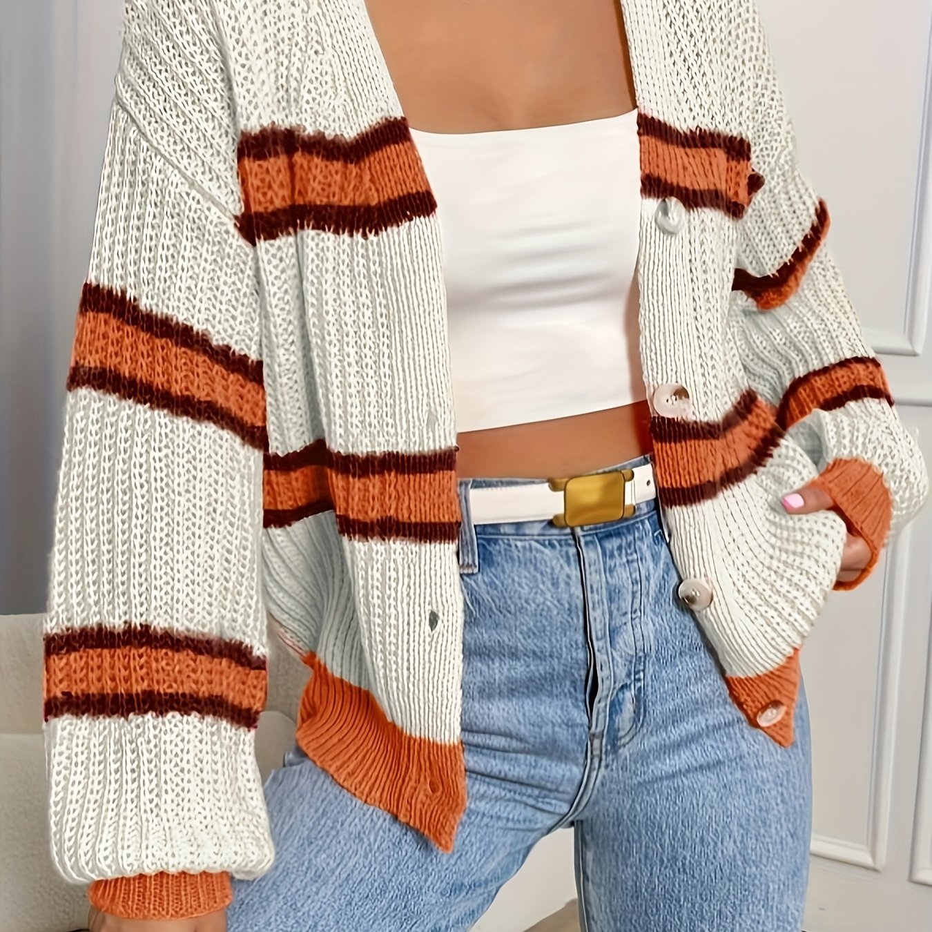 LUMMÉRAS Striped Button-Front Knit Cardigan