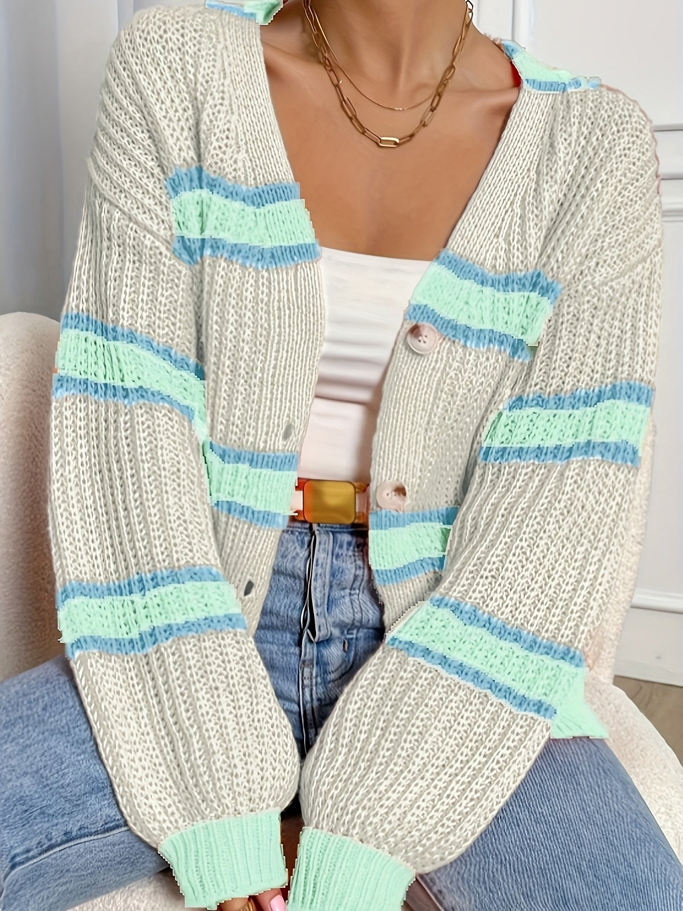 LUMMÉRAS Striped Button-Front Knit Cardigan