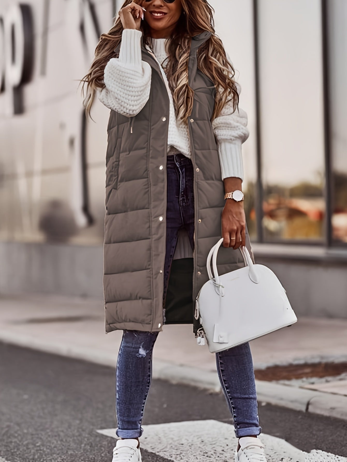 Lange Steppweste mit Kapuze für Damen