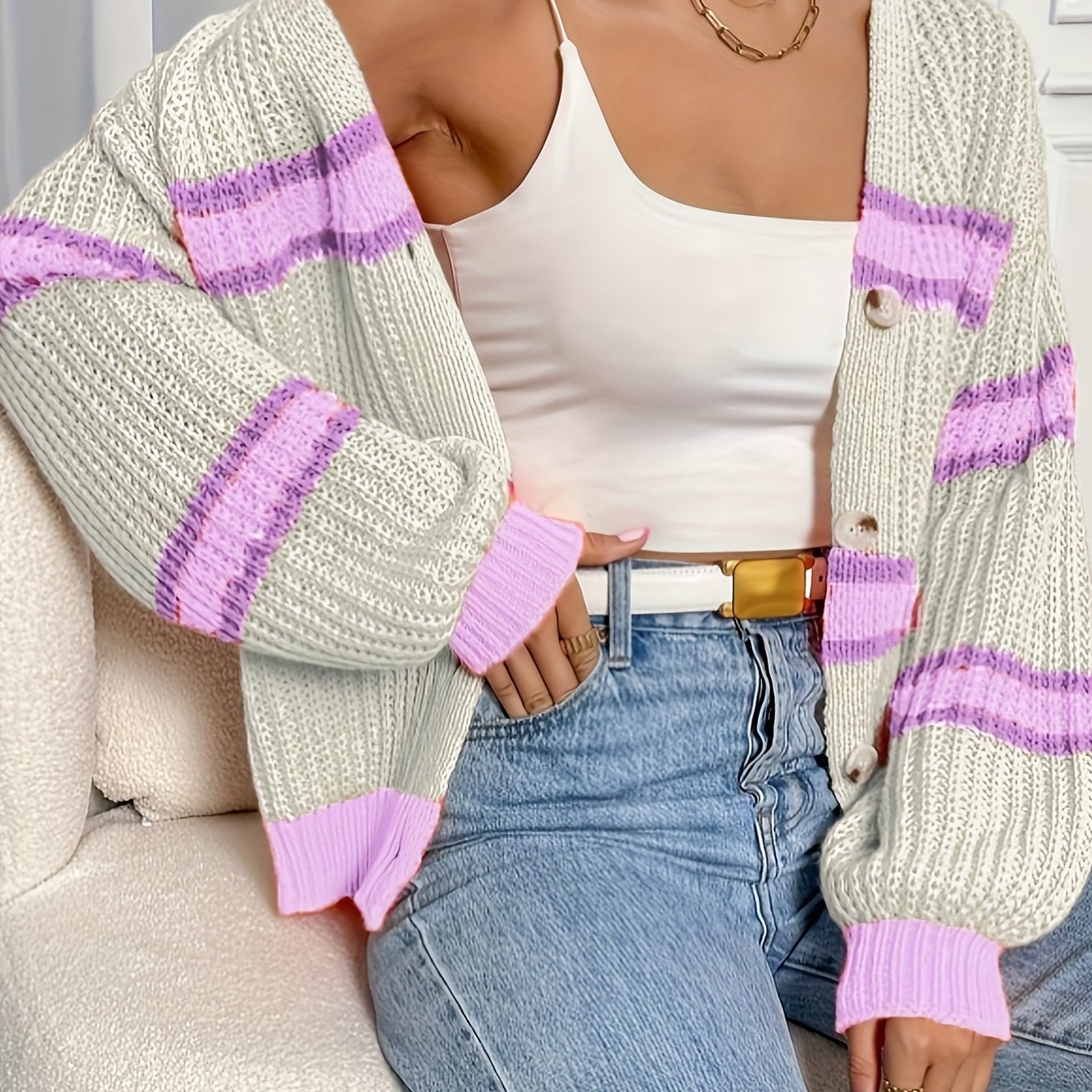 LUMMÉRAS Striped Button-Front Knit Cardigan