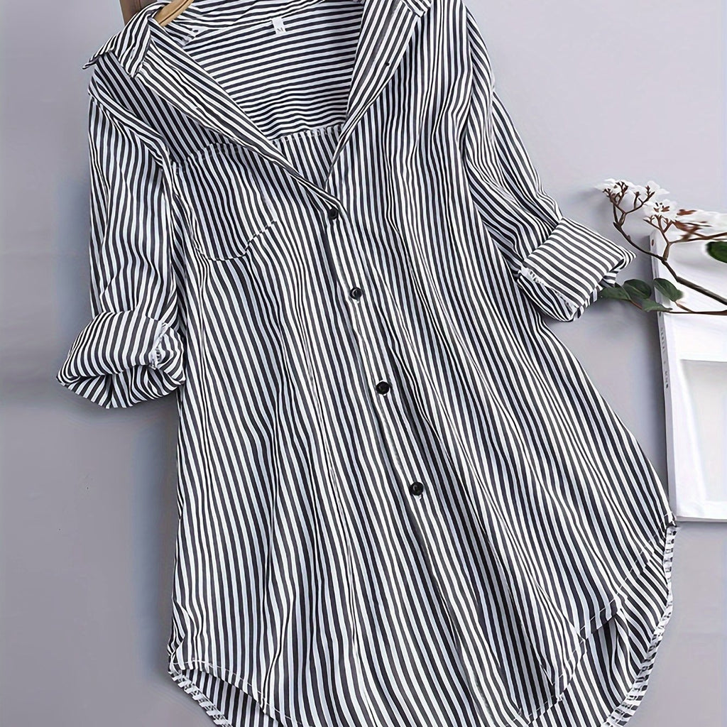 Gestreiftes Langarm-Button-Up-Shirt für Damen