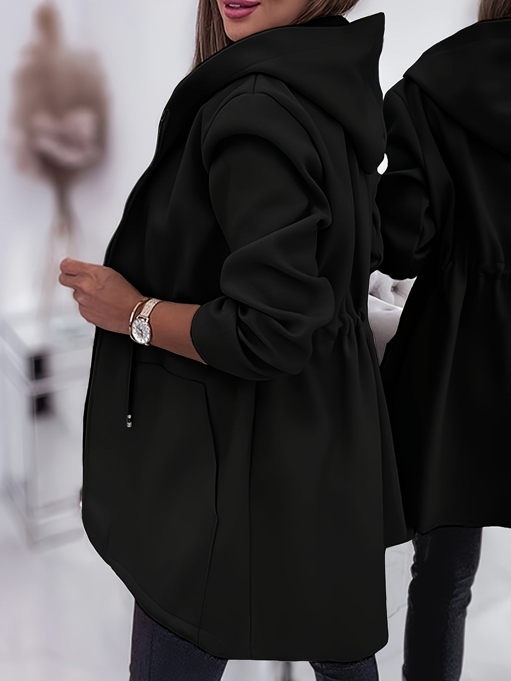 Lässige Kapuzenjacke – verstellbarer Kordelzug, Reißverschlusstaschen.