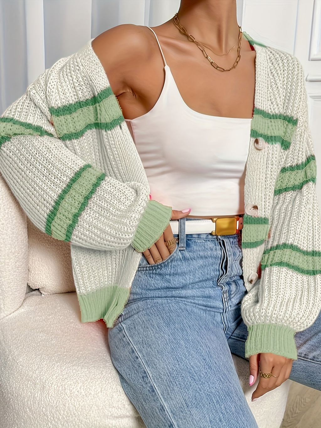 LUMMÉRAS Striped Button-Front Knit Cardigan