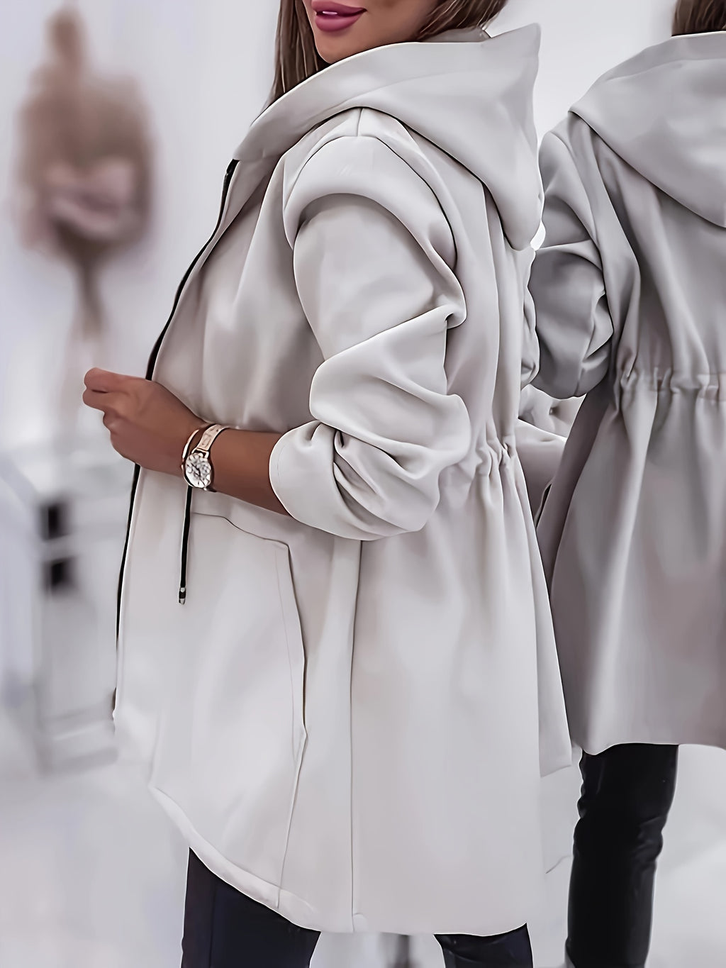 Lässige Kapuzenjacke – verstellbarer Kordelzug, Reißverschlusstaschen.