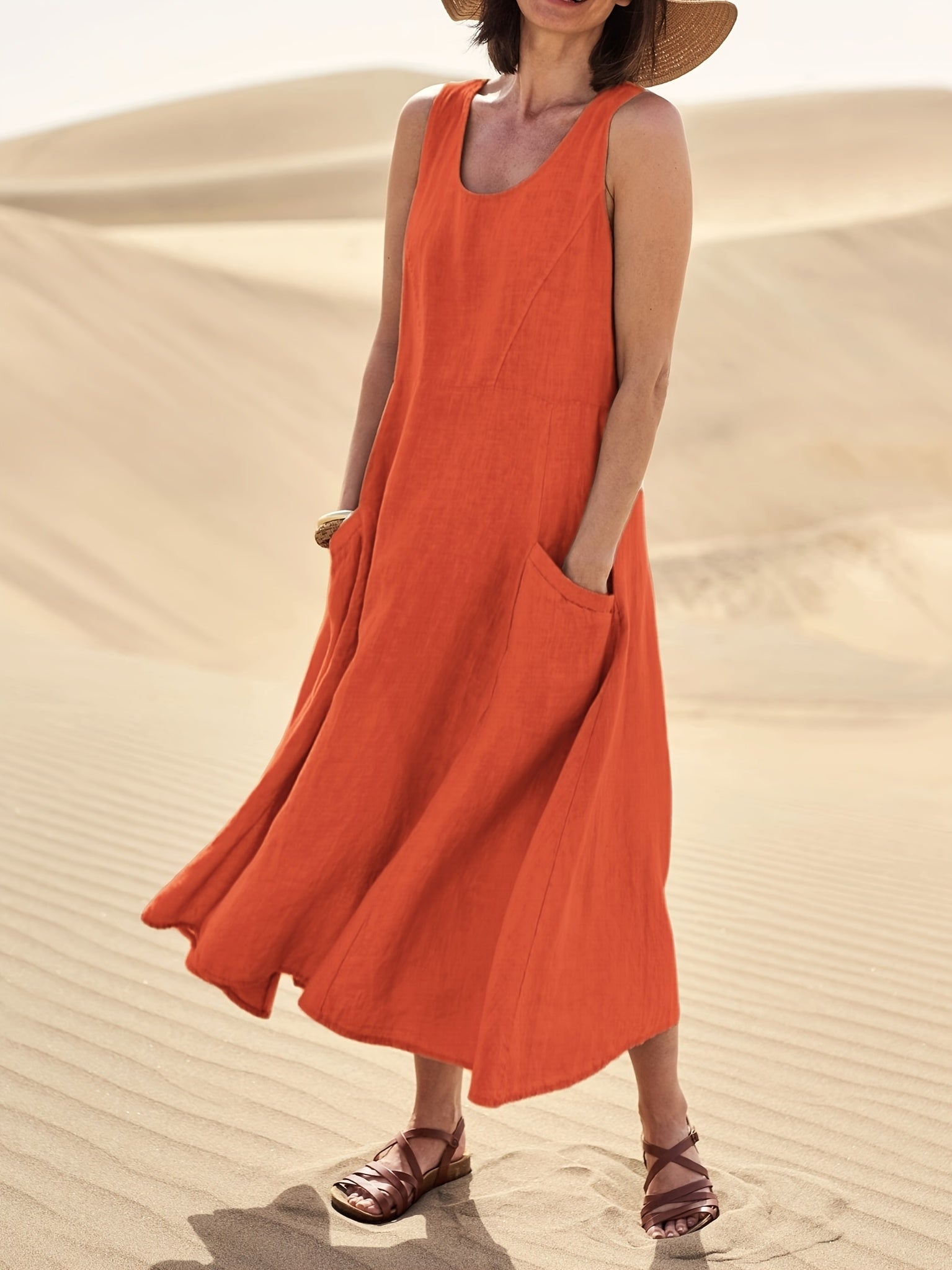 Ärmelloses A-Linien-Kleid aus Baumwoll-Leinen