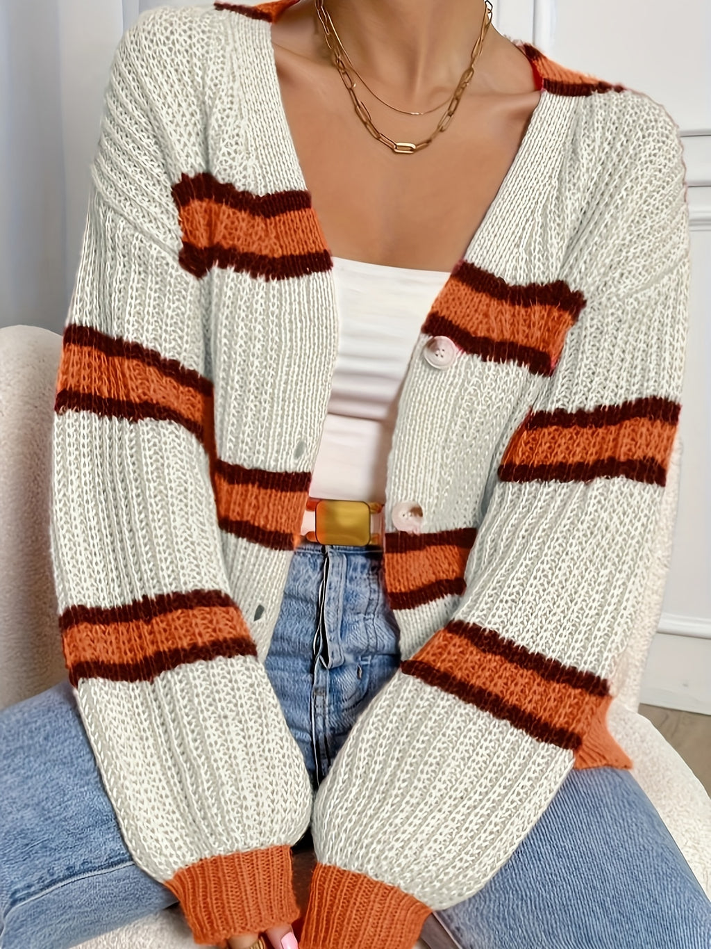 LUMMÉRAS Striped Button-Front Knit Cardigan